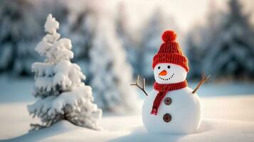 un alegre monigote de nieve valiente el invierno frío con rojo sombrero y bufanda. generativo ai foto