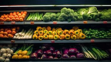 Fresh Fruits and Vegetables Filling Supermarket Shelves. Generative AI photo