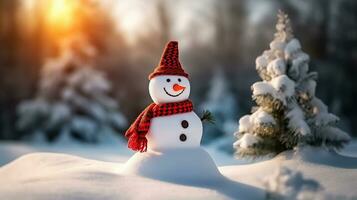 A Cheery Snowman in a Snowy Wonderland With Red Hat and Scarf. Generative AI photo