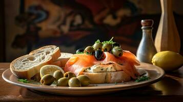 A plate of food with bread, olives, and smoked salmon on it with a colorful wall in the background of the room. Generative AI photo