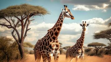Two giraffes standing next to each other in a field with trees in the background. Generative AI photo