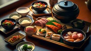 Savoring Japan, A Delectable Fusion of Flavors on the Restaurant Table. Generative AI photo