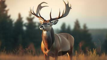 A deer with large antlers standing in a field of grass and trees with a cloudy sky in the background, Generative AI photo