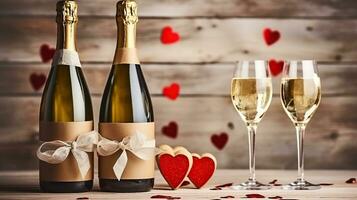 Glasses of champagne, bottle, gift and hearts on white table near wooden wall. Valentine's Day celebration, Generative AI photo