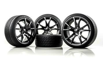 Set of car tires and wheels isolated on a white background. Generative AI photo