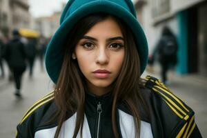 Portrait of a woman in streetwear on the street. Pro Photo