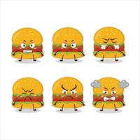 hamburguesa dibujos animados personaje con varios enojado expresiones vector