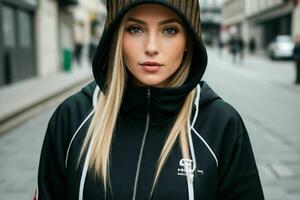 Portrait of a woman in streetwear on the street. Pro Photo