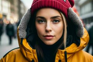 retrato de un mujer en ropa de calle en el calle. Pro foto