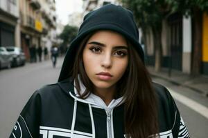 Portrait of a woman in streetwear on the street. Pro Photo