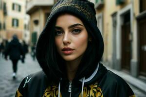 Portrait of a woman in streetwear on the street. Pro Photo