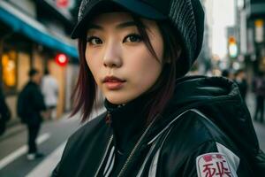 Portrait of a woman in streetwear on the street. Pro Photo