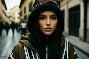 Portrait of a woman in streetwear on the street. Pro Photo