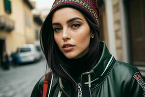 Portrait of a woman in streetwear on the street. Pro Photo