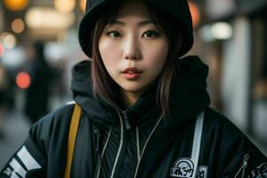 Portrait of a woman in streetwear on the street. Pro Photo