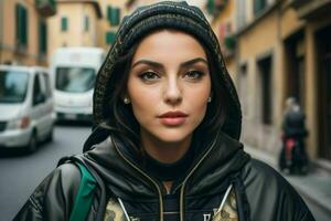 retrato de un mujer en ropa de calle en el calle. Pro foto