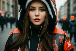 Portrait of a woman in streetwear on the street. Pro Photo