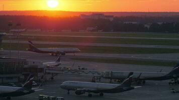 sheremetyevo aeroporto com aeroflot aviões às pôr do sol, Moscou video