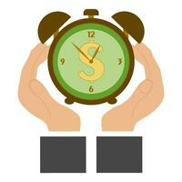 Businesswoman hand point at Wristwathes. Time is money. Vector time and financial management illustration. Flat style Business picture. Woman hands and Clock. Timing, planning, entrepreneur, meeting.