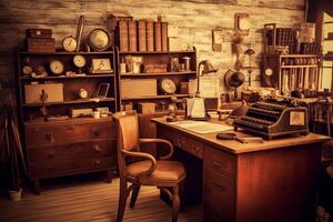 there is a desk with a typewriter and a chair in a room. generative ai. photo