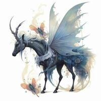 there is a black horse with a blue tail and wings. generative ai. photo