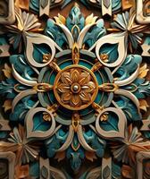 there is a decorative wall decoration made of paper and gold. generative ai. photo