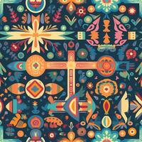 there is a colorful pattern with a cross and other items. generative ai. photo