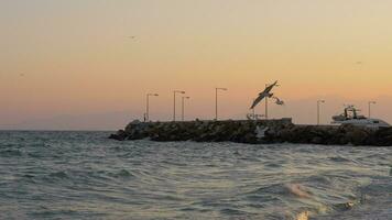 Waterscape with wavy sea, quay and flying seagulls at sunset video