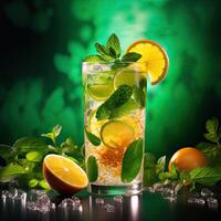 a glass of lemonade with mint and lime slices photo