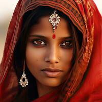 un indio mujer pintura vistiendo rojo sari y joyería ai generativo foto