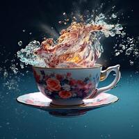 a cup of tea with water splashing out it on saucer photo