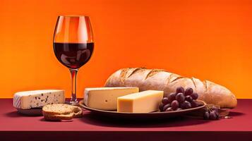 Plate of cheese, bread, grapes, and glass wine on table with orange background photo