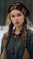 a woman with long hair wearing hat and braids in the snow photo