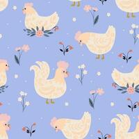 Seamless pattern with cute white chickens and flowers on a blue background. Vector graphics.