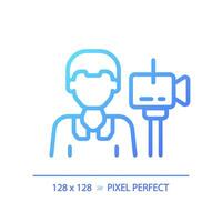2D pixel perfect gradient cameraman icon, isolated vector, thin line blue illustration representing journalism. vector