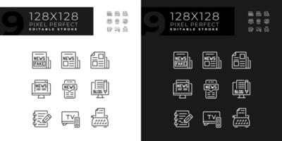 2D pixel perfect dark and light icons set representing journalism, editable thin line illustration. vector