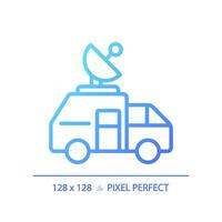 2D pixel perfect gradient news satellite van icon, isolated vector, thin line blue illustration representing journalism. vector