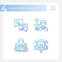 2D pixel perfect gradient icons set representing journalism, thin linear blue illustration. vector