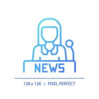 2D pixel perfect gradient female newscaster icon, isolated vector, thin line blue illustration representing journalism. vector