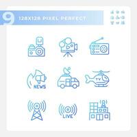 Pixel perfect gradient icons representing journalism, thin line blue illustration set. vector