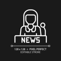 2D pixel perfect editable white female newscaster icon, isolated vector, thin line illustration representing journalism. vector