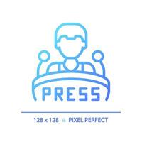 2D pixel perfect gradient press conference icon, isolated vector, thin line blue illustration representing journalism. vector