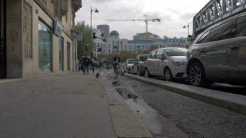 parisino calle con caminando, ciclismo personas y volador palomas, Francia video