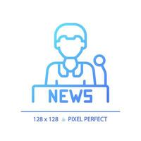 2D pixel perfect newscaster gradient icon, isolated vector, thin line blue illustration representing journalism. vector