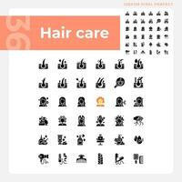 Pixel perfect glyph style icons collection representing haircare, simple black silhouette illustration. vector