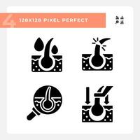2D pixel perfect glyph style icons set representing haircare, simple black silhouette illustration. vector
