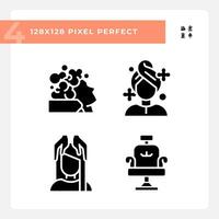 2D pixel perfect glyph style icons set representing haircare, simple black silhouette illustration. vector