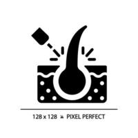 2d píxel Perfecto láser pelo tratamiento glifo estilo icono, aislado vector, cuidado del cabello sencillo negro silueta ilustración. vector