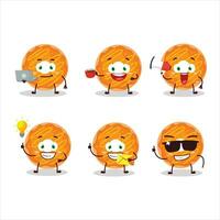 Orange cream donut cartoon character with various types of business emoticons vector