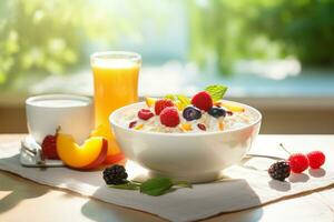 Porridge with fruit and berries. Healthy breakfast. Proper nutrition. photo